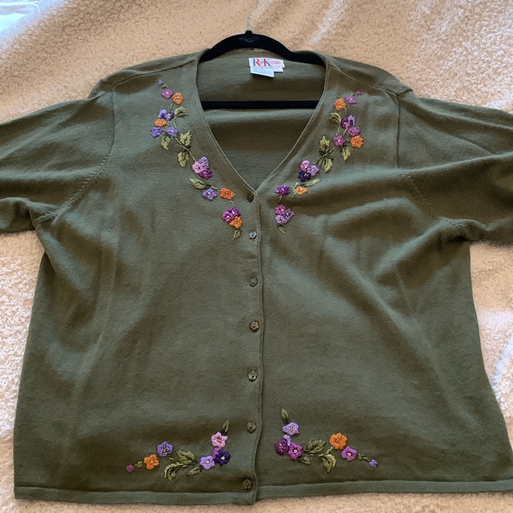 Vintage R&K Green Embroidered Short Sleeve Cardigan Size 18/Large